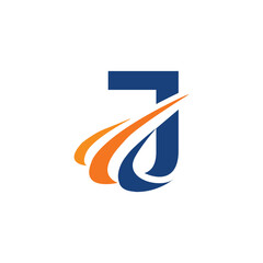 The image shows an initial logo design of a letter J in simple flat style with three swoosh lines as the focal point. It looks and clean and modern in blue and orange color on a white background.