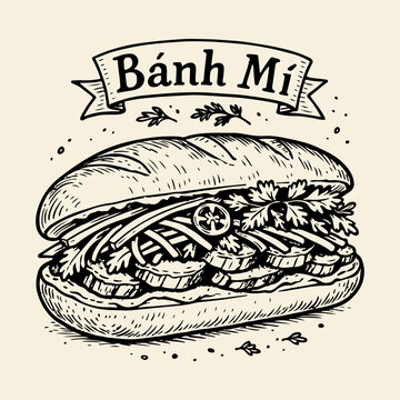A meticulously detailed hand-drawn illustration of a Banh Mi sandwich, showcasing its ingredients and texture.
