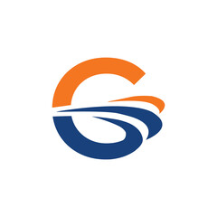 The image shows an initial logo design of a letter G in simple flat style with three swoosh lines as the focal point. It looks and clean and modern in blue and orange color on a white background.