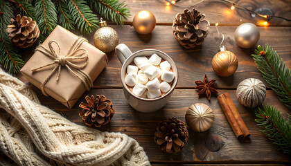Fototapeta premium Winter Aesthetic Flat Lay – Gift Wrap, Cinnamon, and Cocoa on Wooden Surface