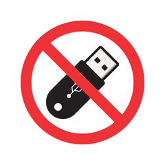 Prohibition sign with USB flash drive inside a red circle and line. Indicates restriction on USB device use. Perfect for cybersecurity, data protection, and information security contexts.
