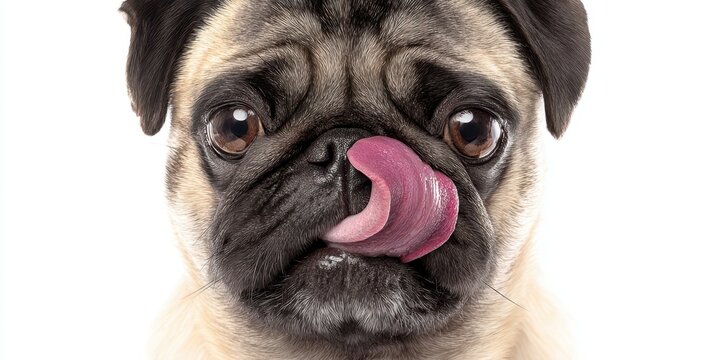 The playful pug licking its nose in a charming close-up portrait.