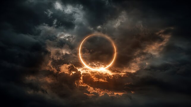 Solar eclipse with glowing light ring around dark moon in dramatic sky
