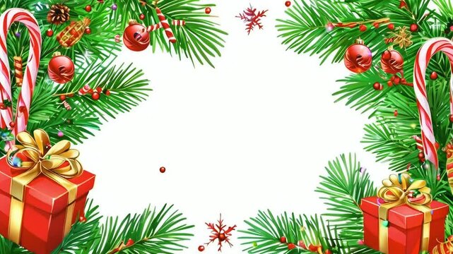 Festive Christmas border with ornaments, candy canes, gifts, and greenery