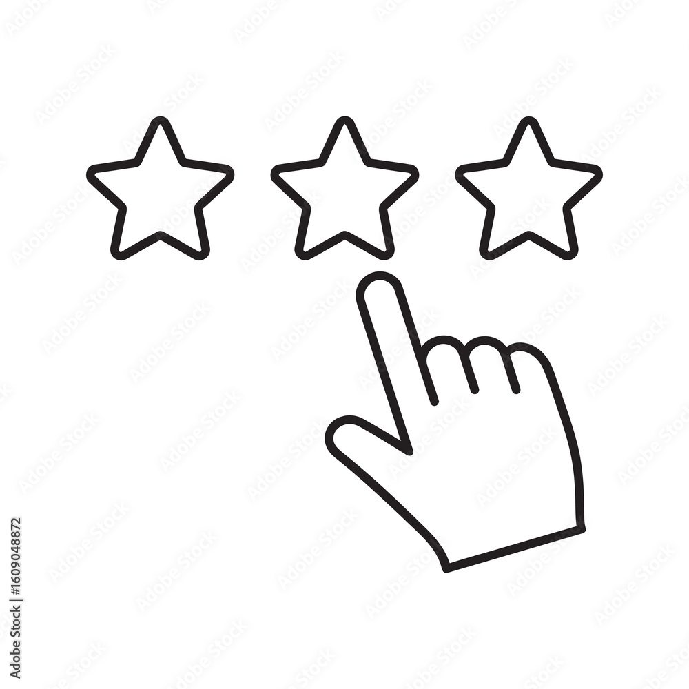 Poster customer review icon with hand pointing at three star rating for feedback quality evaluation and use
