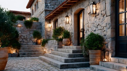 Rustic Stone House Entrance with Warm Lighting and Lush Greenery in a Serene Outdoor Setting
