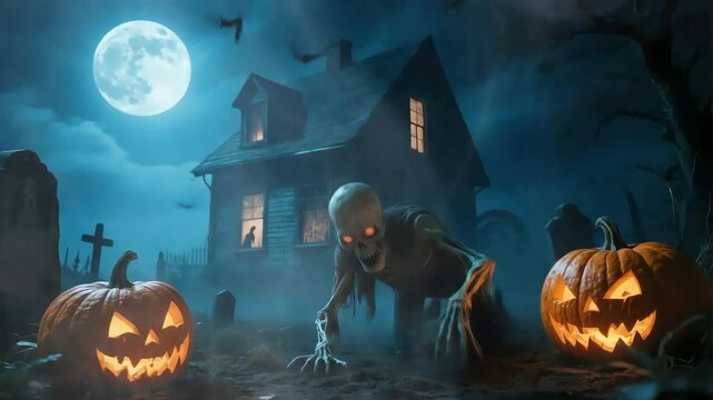 halloween night scene with pumpkin halloween very scary haunted house zombie evil ghosts dark scary night bats flying 4k video halloween