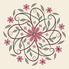 Elegant floral mandala design with swirling vines and pink flowers