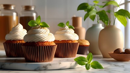 Freshly Baked Vanilla Cupcakes with Mint Leaves on a Marble Table Surrounded by Kitchen Decor