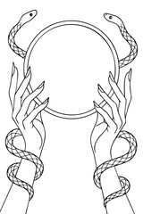Mystical Hands Holding Mirror with Snakes