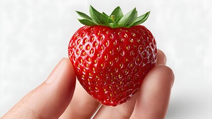 Obraz premium Hand Holding a Fresh, Juicy Strawberry with Water Drops on a Light Textured Background