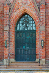 Entrance Door to Domkirke Gothic Church in Fredrikstad Norway Autumn