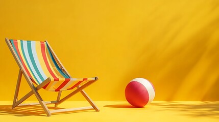 Striped summer chair and colorful beach ball on vibrant yellow background for holiday vacation fun concept