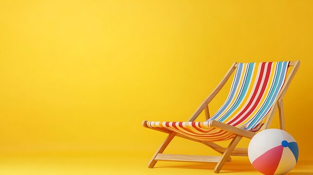 Striped summer chair and colorful beach ball on vibrant yellow background for holiday vacation fun concept