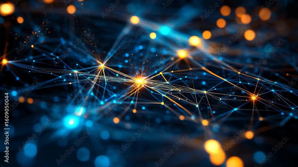 Poster glowing lines and bright dots weave through a dark expanse, creating a mesmerizing visual tapestry t