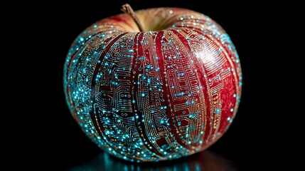 Red apple with a glowing circuit pattern on it, against a black background, showing light reflecting on its surface