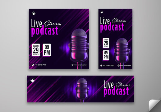 Live Stream Podcast Show Social Media Post Template, Web Banner Editable Design for Real-Time Broadcasting and Episode Promotion.