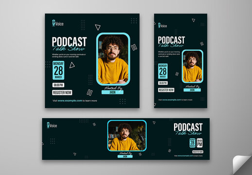 Podcast Talk Show Social Media Editable Post Template, Web Banner with Host Image, Date and Registration Details.