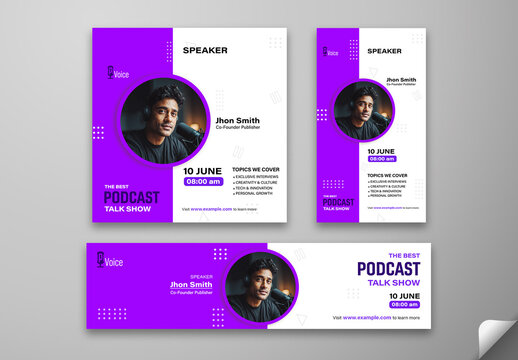 Podcast Talk Show Social Media Editable Post Template, Web Banner Featuring Speaker Photo, Episode Date, Time and Discussion Topics.