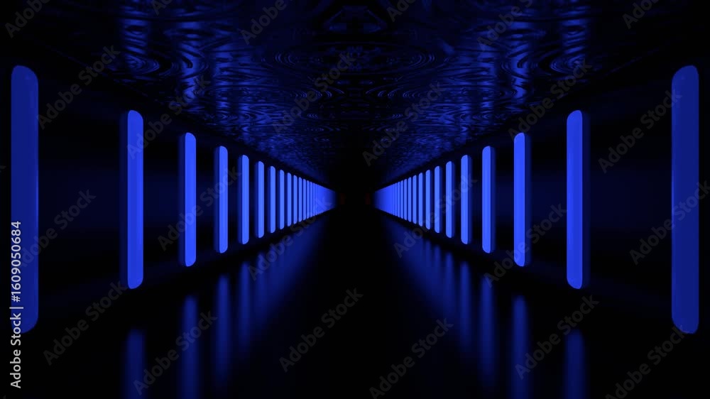 Poster an endless dark tunnel illuminated by vertical blue neon lights creating reflections on a glossy flo