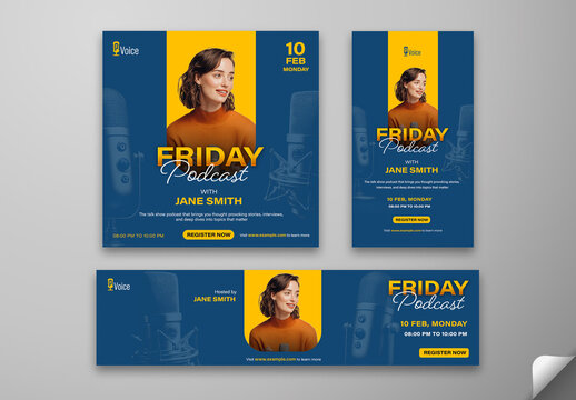 Friday Podcast Social Media Editable Post Template, Web Banner with Host Photo, Episode Time and Register Now Button.