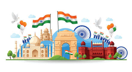 Celebrating India Vector Illustration of Landmarks and Flags for Independence Day