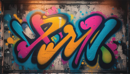 Vibrant graffiti mural on a grunge wall. Colorful abstract lettering in pink, yellow, and blue creates a dynamic, urban street art background.
