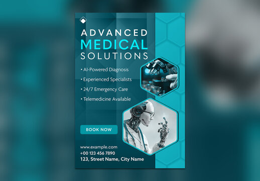 Advanced Medical Solutions Flyer for AI Powered Diagnosis, Experienced Specialists, 24/7 Emergency Care and Telemedicine Availability. Editable Design.