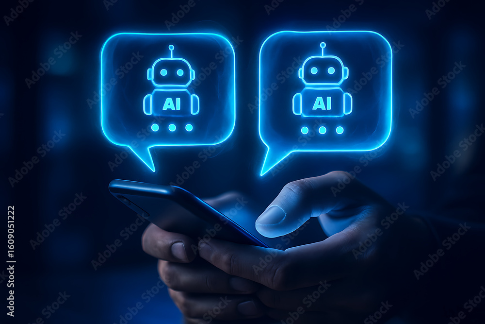 Poster futuristic ai chatbot assistant glowing communication robot technology interface on smartphone scree