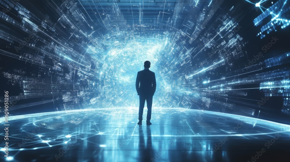 Poster businessman interacting with a virtual cloud and edge computing network for data transfer, backup, a