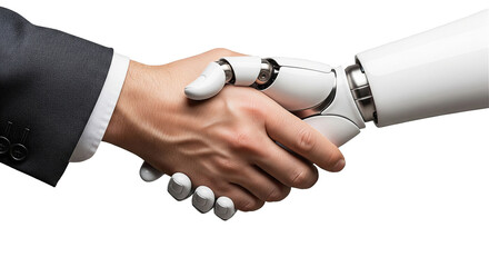 Handshake between a businessman in a suit and an AI robot