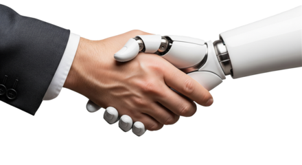 Handshake between a businessman in a suit and an AI robot