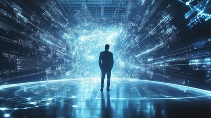 Businessman interacting with a virtual cloud and edge computing network for data transfer, backup, and cybersecurity