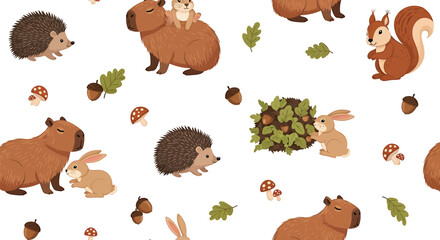 Seamless pattern featuring cute cartoon animals like capybaras, squirrels, rabbits, and hedgehogs, along with acorns, mushrooms, and leaves, scattered on a white background.