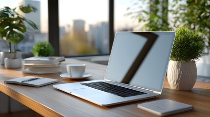 Modern Workspace Featuring Laptop and Coffee Cup with Indoor Plants and City View