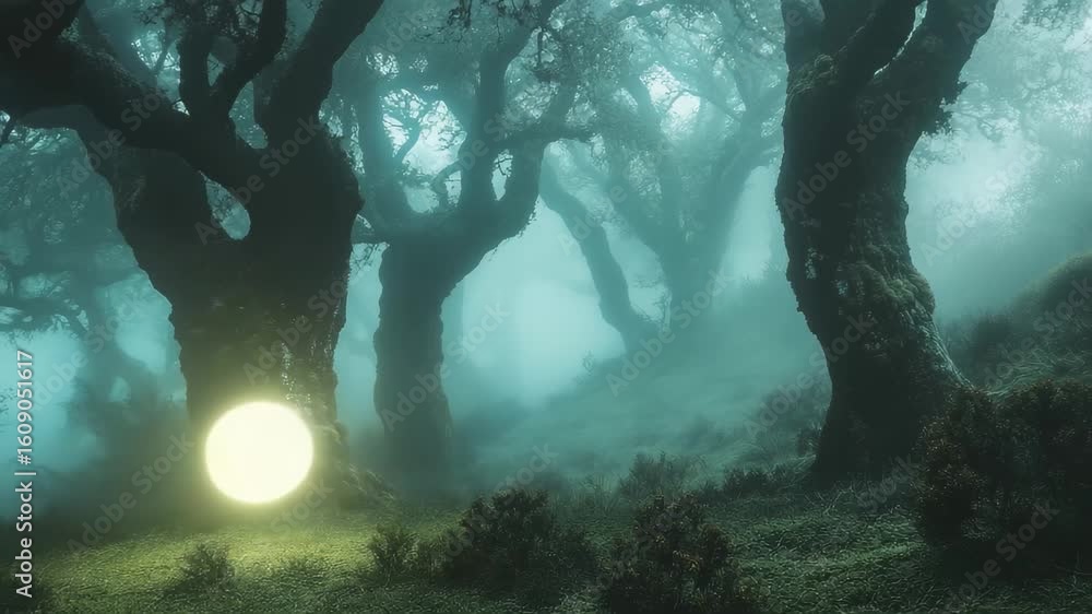 Poster deep within a mystical forest, twisting branches rise from the ground, enveloped in a hazy fog. rays