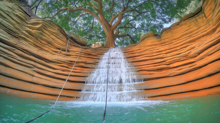 Serene Waterfall Cascading Over Layered Rock Formation