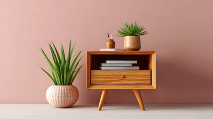 Stylish Wooden Cabinet with Plants and Books Against Pink Wall in Contemporary Interior