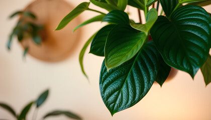 Close-up of a tropical hanging plant (philodendron) with textured leaves, warm neutral background, styled in a calm bohemian interior 2