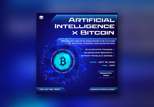 Artificial Intelligence x Bitcoin Social Media Post for AI in Crypto Trading, Blockchain Security and Tech Event Promotion, Editable Design.