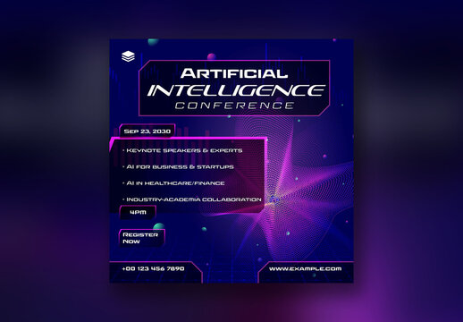 Artificial Intelligence Conference Social Media Post for Keynote Topics and Tech Collaboration Highlights, Editable Design.