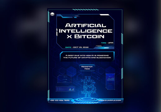 Artificial Intelligence x Bitcoin Social Media Post for Crypto and Blockchain Tech Event Featuring AI Integration, Editable Design.