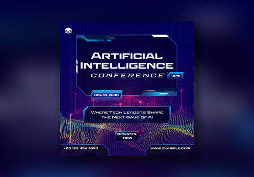 Artificial Intelligence Conference Social Media Post with Futuristic Tech Theme for AI Event Promotion, Editable Design.