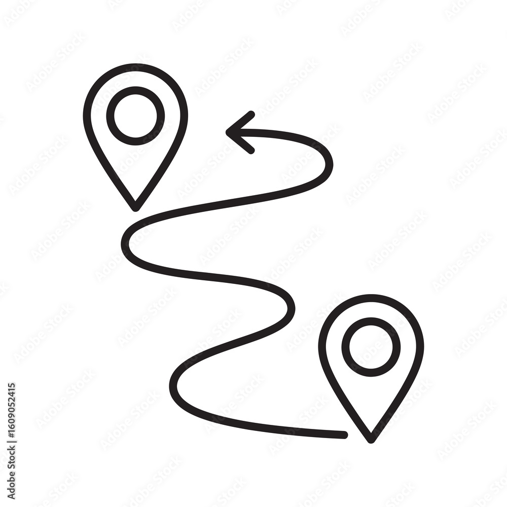 Poster route planner icon with map pins and path for gps navigation and travel destination showing journey 