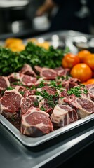 Fresh meat, sliced and seasoned with herbs, ready to be cooked in a professional kitchen. Culinary websites, advertising of meat products.