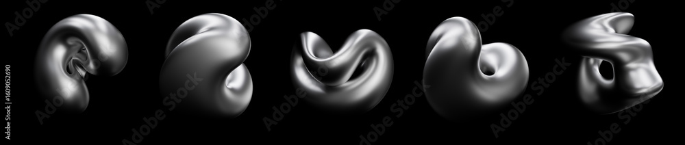 Poster 3d rendering smooth, abstract metallic form in dark chrome. dynamic twist shape design element set