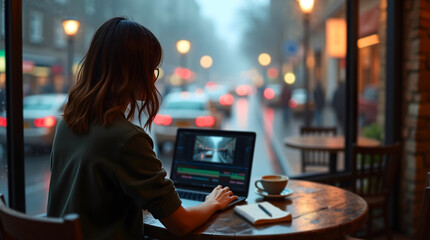 Atmospheric coffee shop scene showing focused woman dark green sweater and video project on laptop