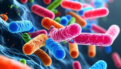 Microscopic close-up reveals vibrant bacteria swirling gracefully in liquid, glowing under light, showcasing the dynamic beauty and complexity of microbial life in a fluid ecosystem