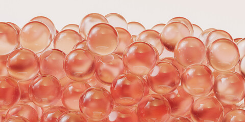Abstract background of collagen, hyaluronic acid, or vitamin capsules for cosmetic and beauty product concepts. 3d rendering glass beads or gel balls pile