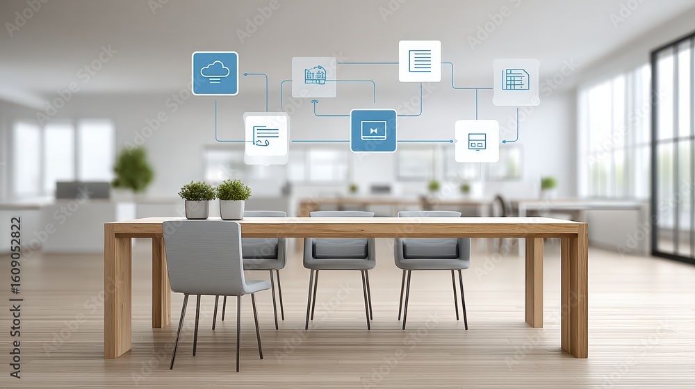 Wall mural collaborative workspace with floating icons in modern environment